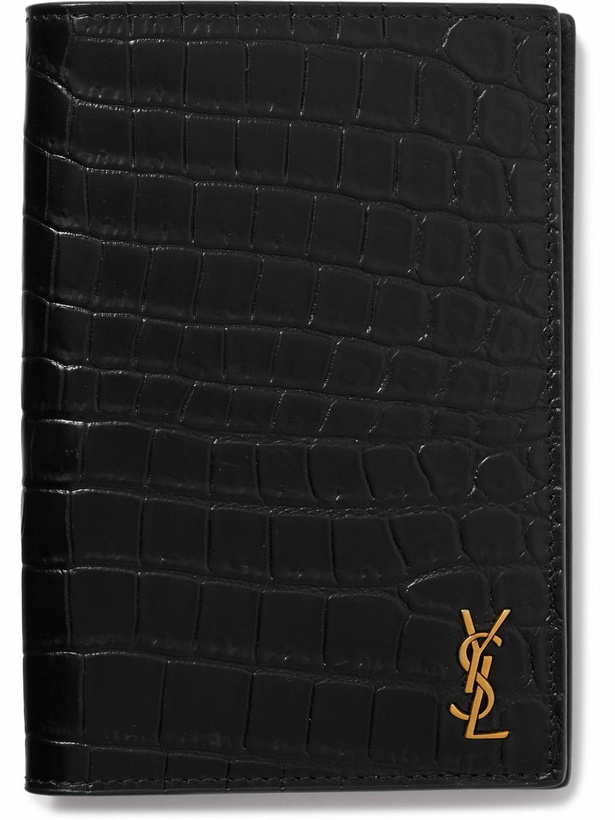 Photo: SAINT LAURENT - Cassandre Logo-Appliquéd Croc-Effect Leather Passport Cover - Black