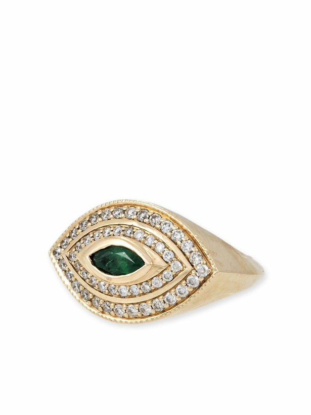 Photo: Jacquie Aiche 14K Yellow Gold Halo Eye Diamond And Emerald Ring