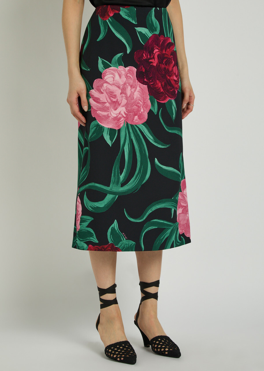 LA Double J Floral-print Crepe Midi Pencil Skirt Black