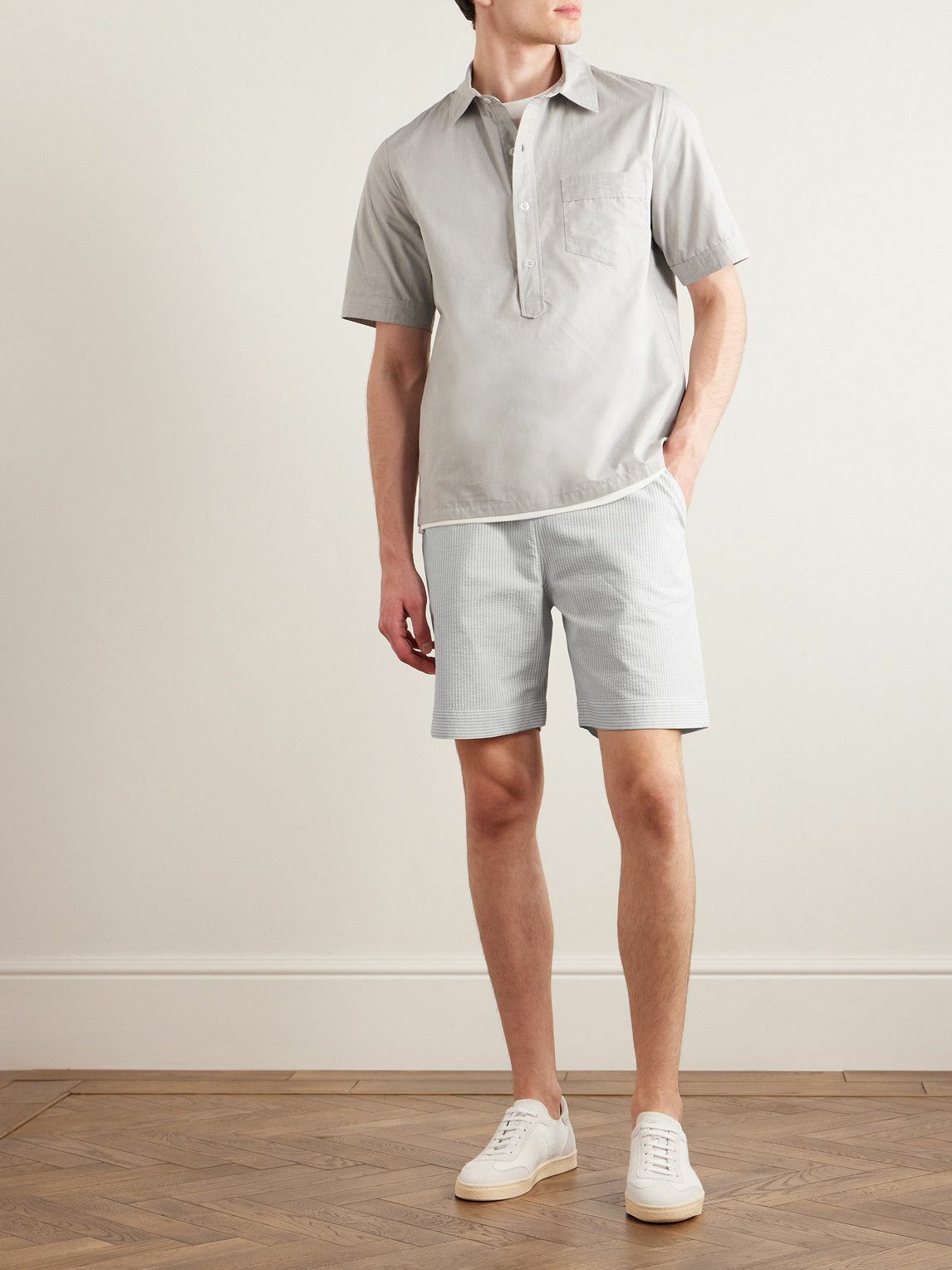 Loretta Caponi - Straight-Leg Striped Cotton-Seersucker Drawstring Shorts - Gray