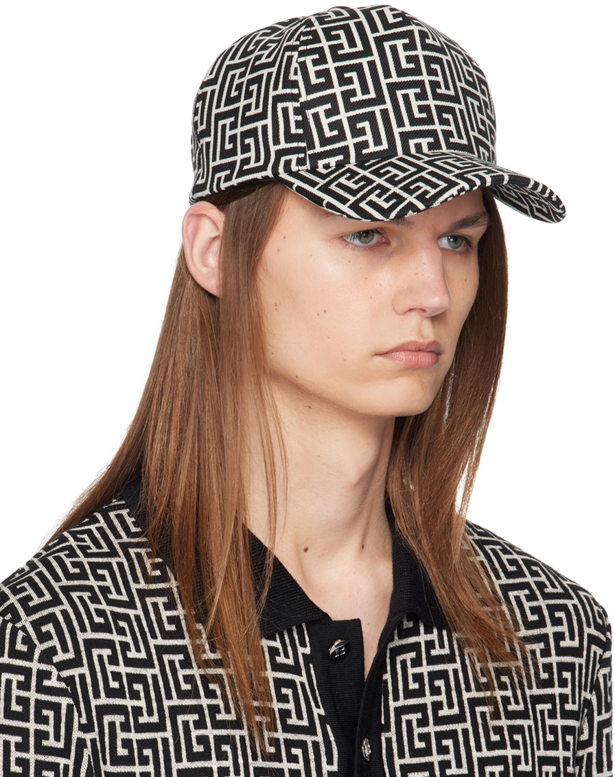 Balmain Off-White & Black Monogram Jacquard Wool Cap