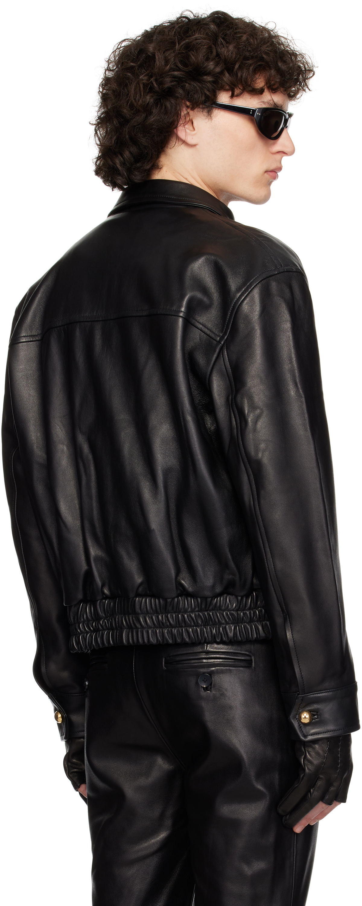 Ernest W. Baker Black Buckle Bomber Leather Jacket