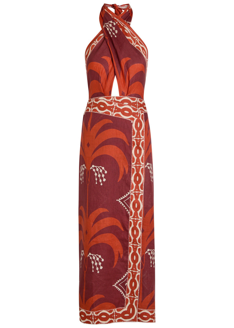 Johanna Ortiz Buen Viento Halterneck Linen Midi Dress Red