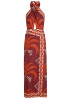 Johanna Ortiz Buen Viento Halterneck Linen Midi Dress Red