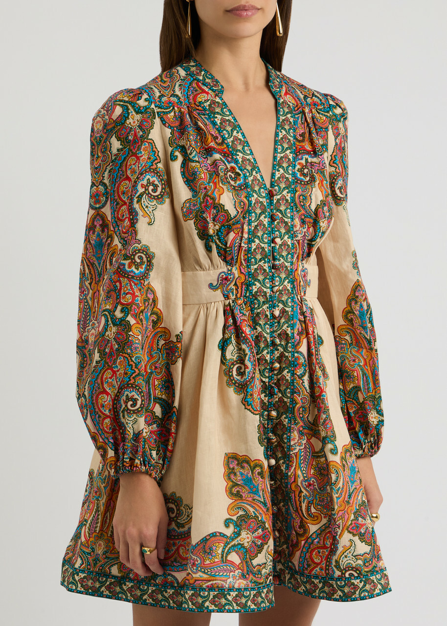 Zimmermann Ottie Printed Linen Mini Dress Multi Print Zimmermann