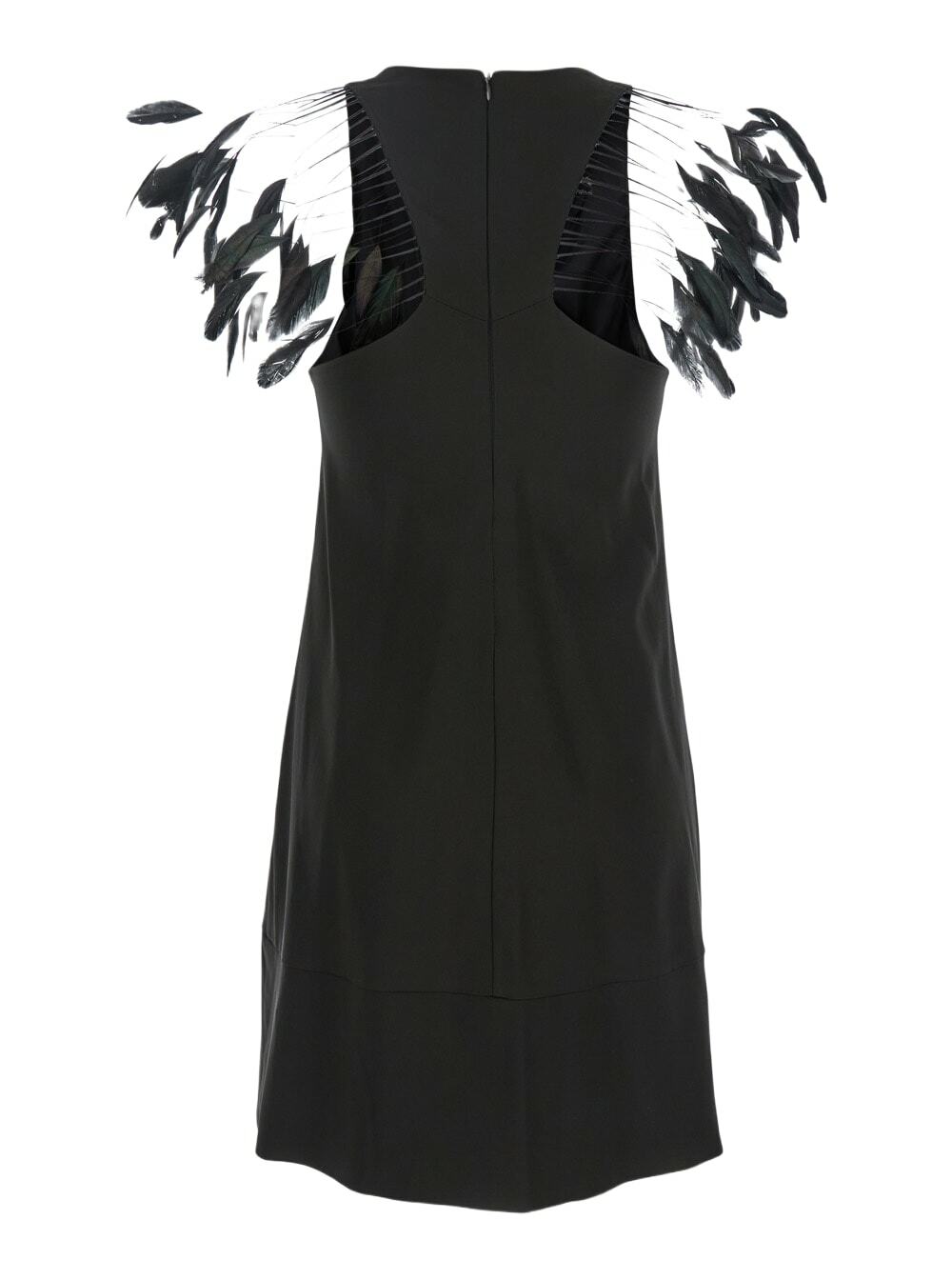 Merci Black Dress With Round Neckline And Feather Decorations In Fabric Woman