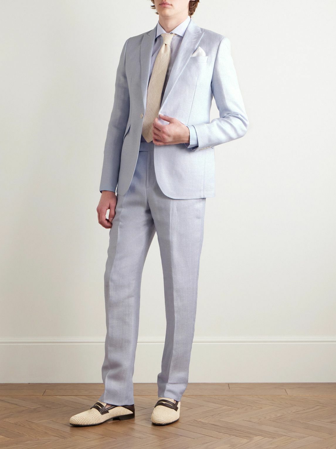 Favourbrook - Slim-Fit Herringbone Linen and Silk-Blend Suit Trousers - Blue