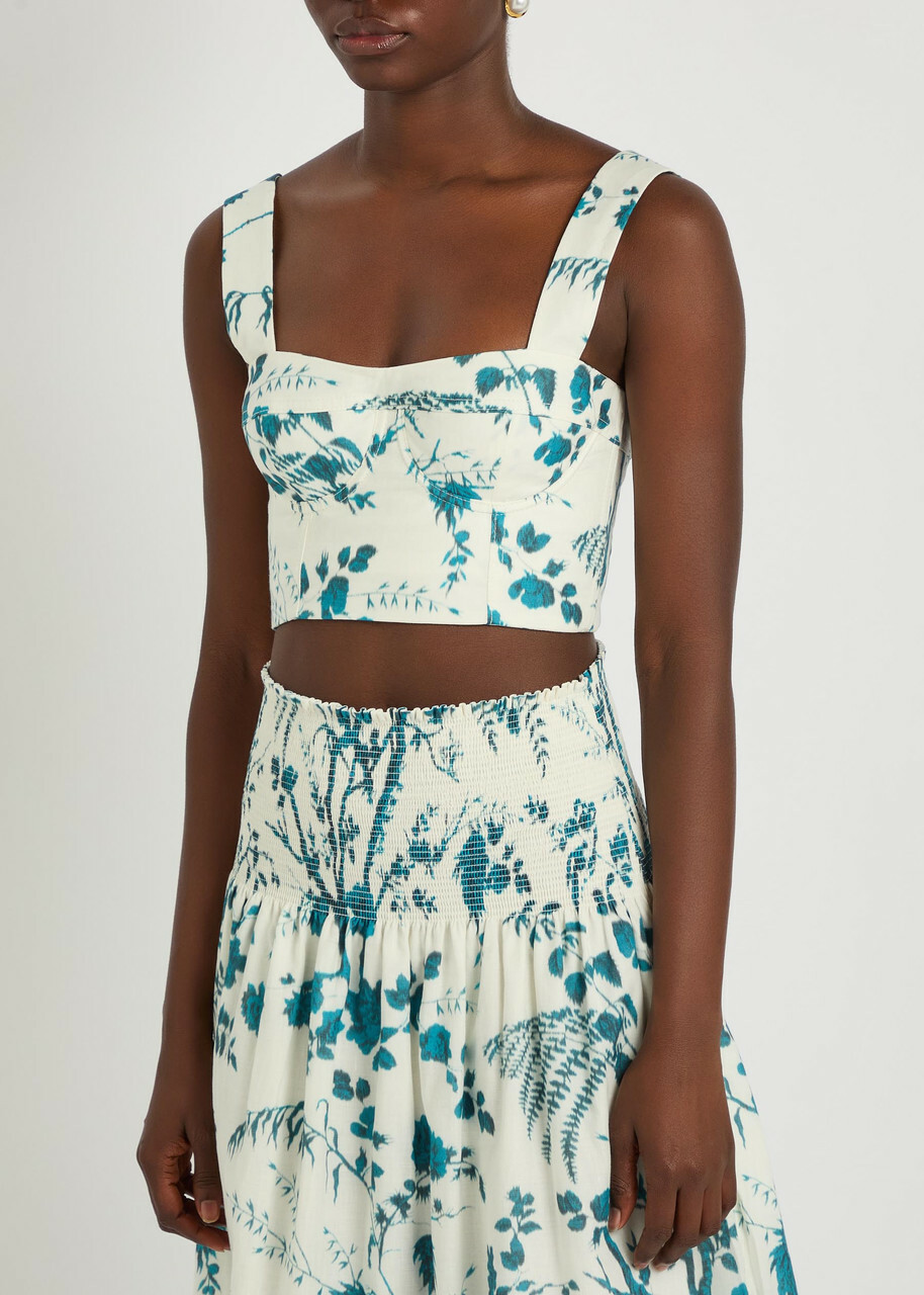 Erdem Floral-print Cotton and Linen-blend Crop top Blue