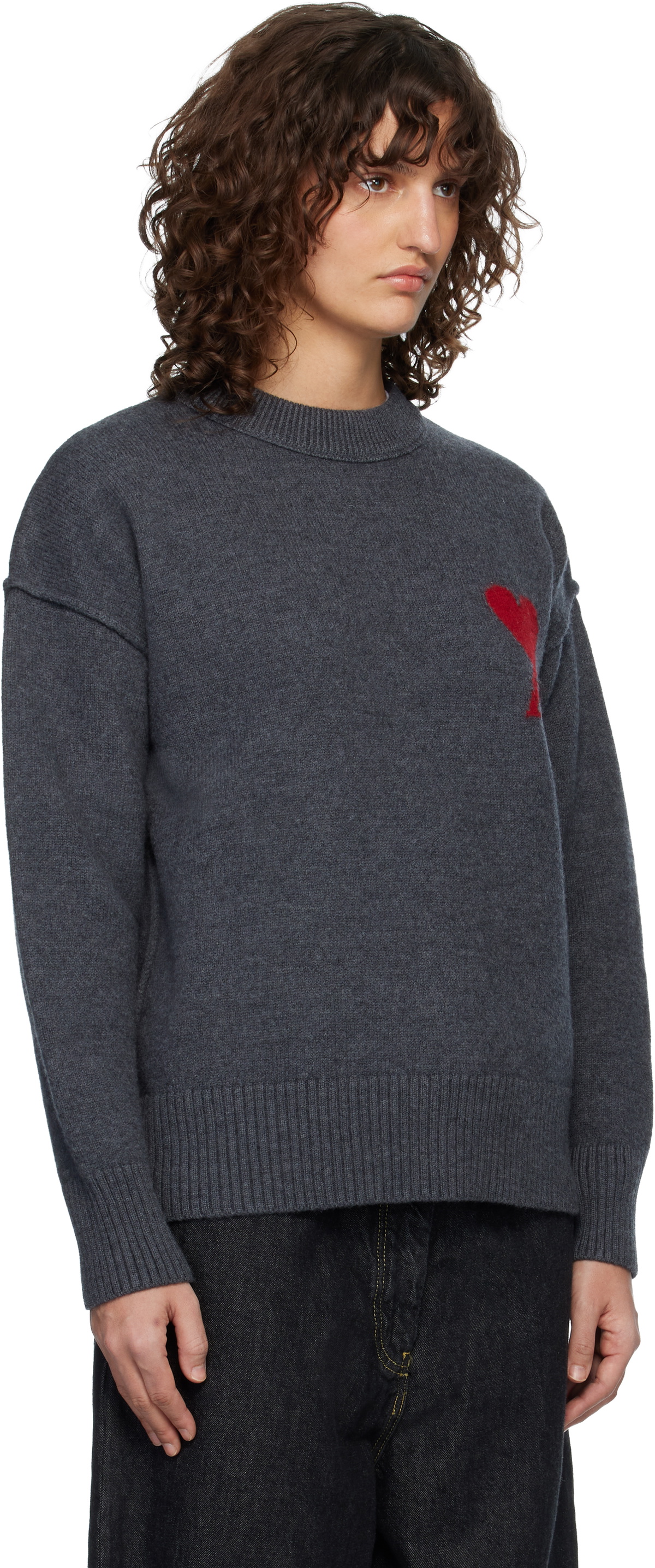 AMI Paris Gray Wool Crewneck Ami de Coeur Sweater