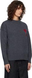 AMI Paris Gray Wool Crewneck Ami de Coeur Sweater