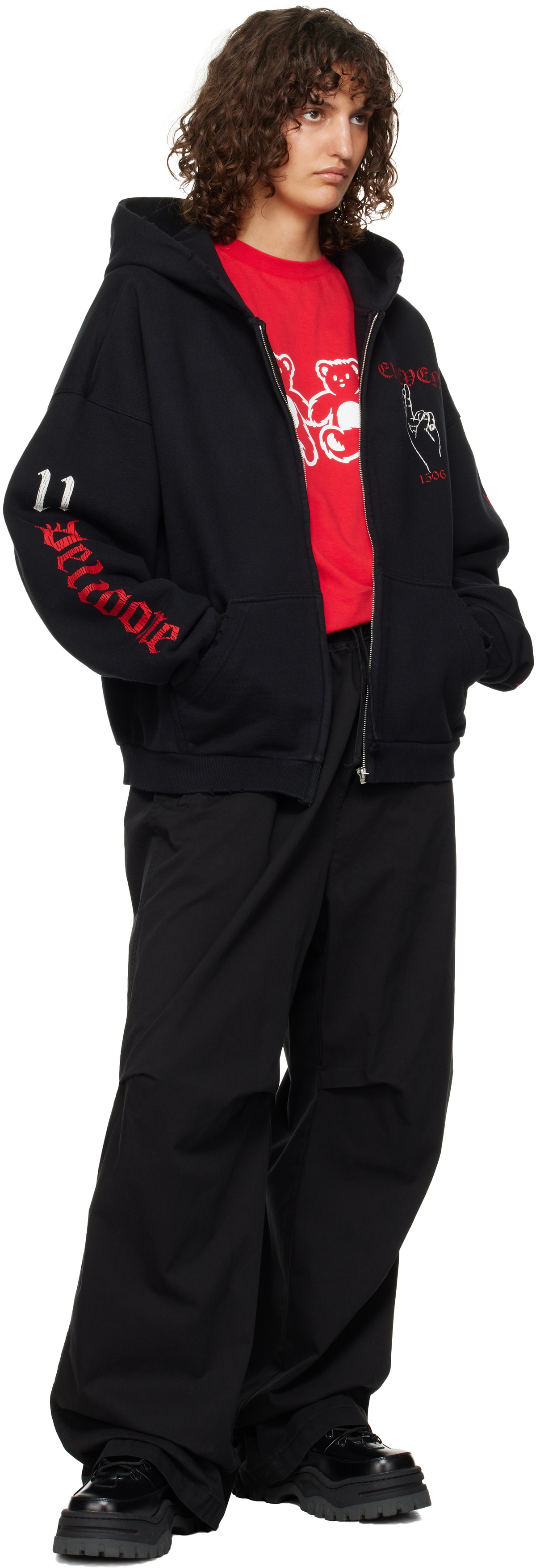 トップス WE11DONE Elleven hoodie We11done Black 'Elleven' Zip-up Hoodie We11done