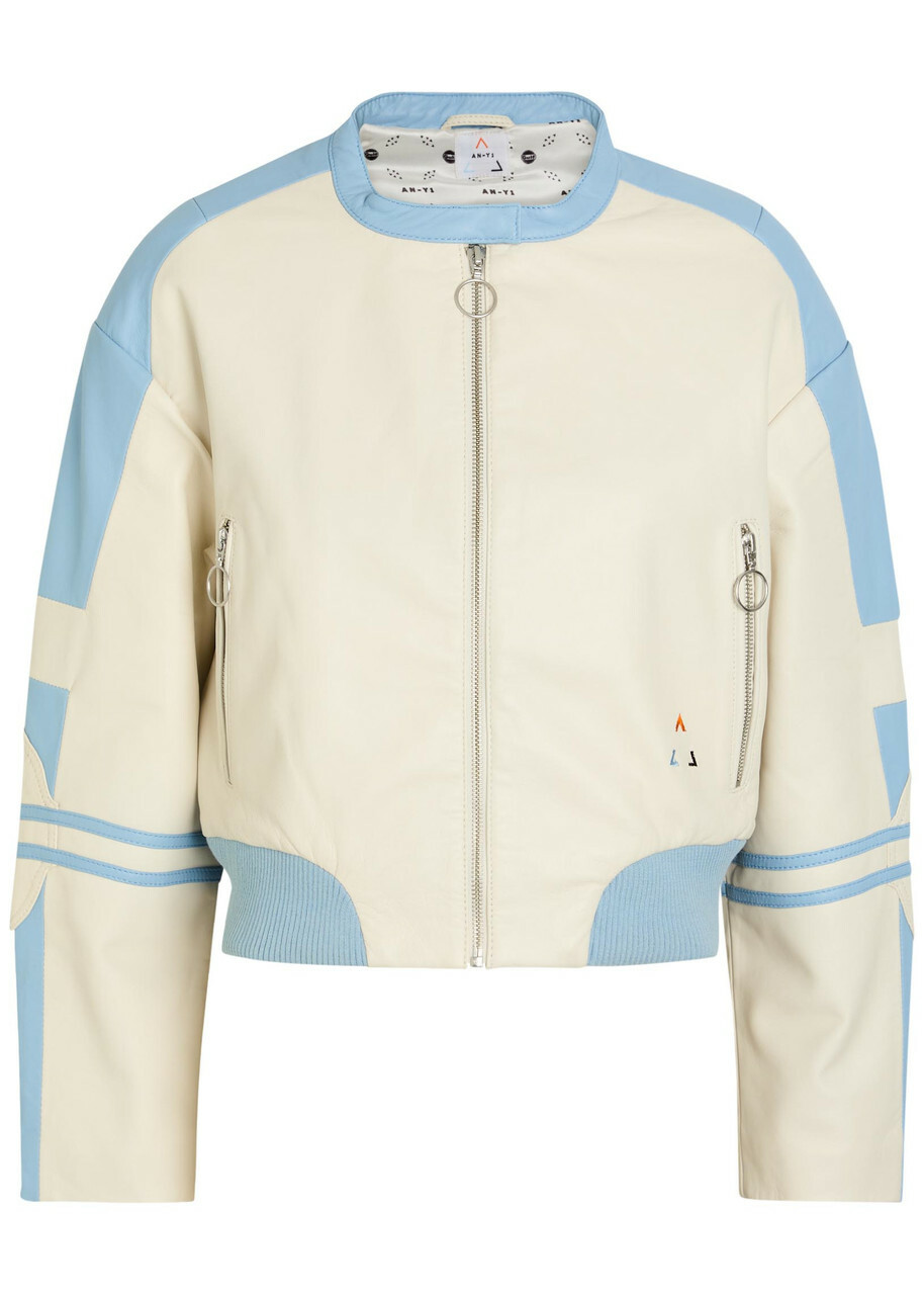 AN-Y1 Biker Padded Colour-blocked Leather Jacket White And Blue