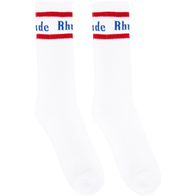 Photo: Rhude White and Red Vintage Logo Socks