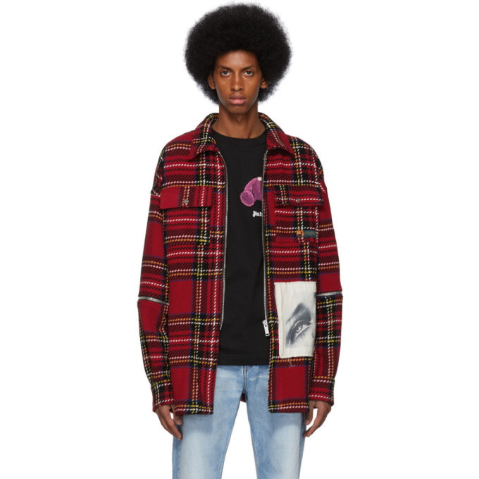 Photo: Palm Angels Red Check Wool Zipped Over Shirt