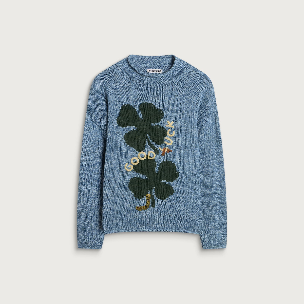 Story mfg. Men's Hand Knit Twinsun Roll Neck in Twisted Indigo Luck