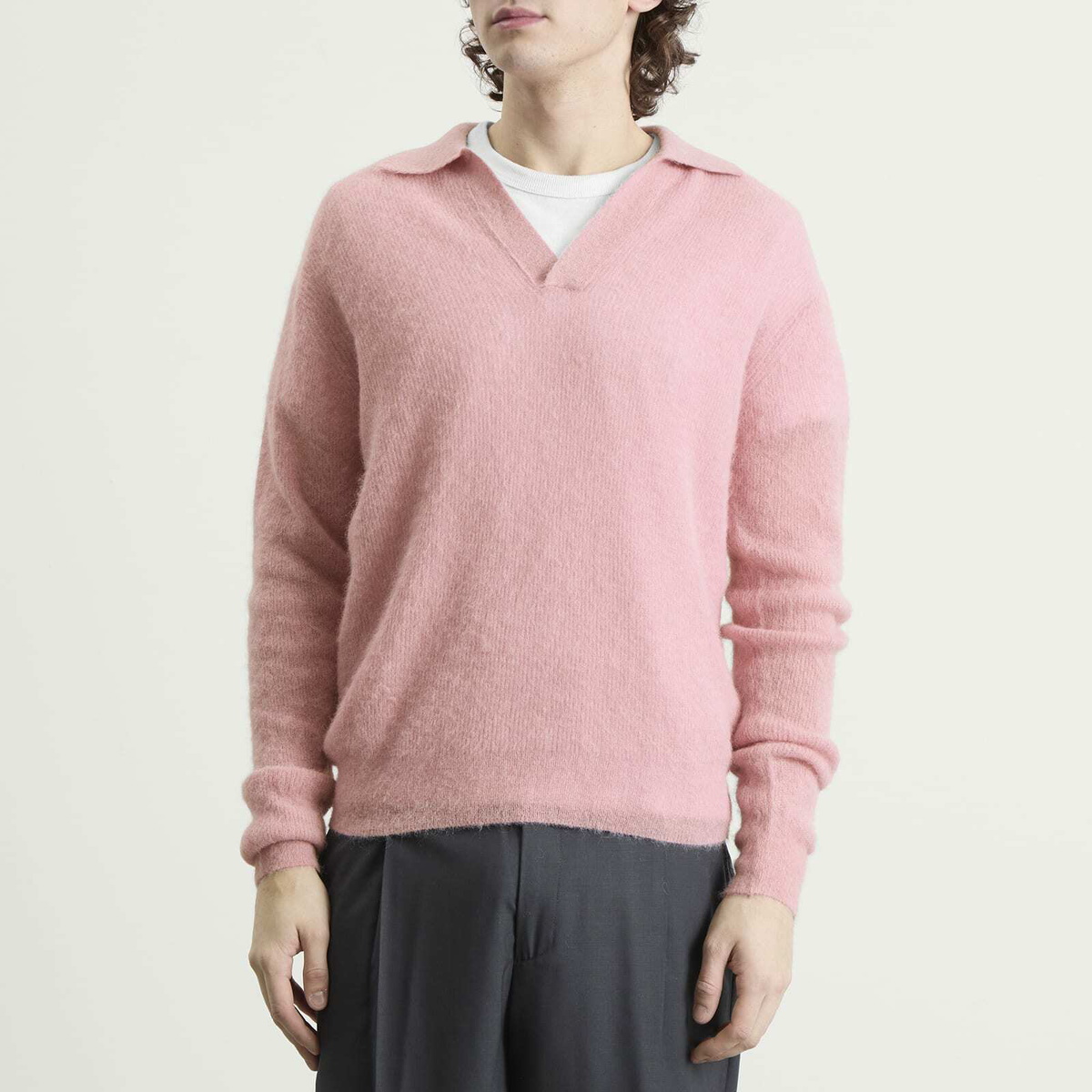 Auralee Men's Baby Suri Alpaca Sheer Knit Skipper Polo in Pink
