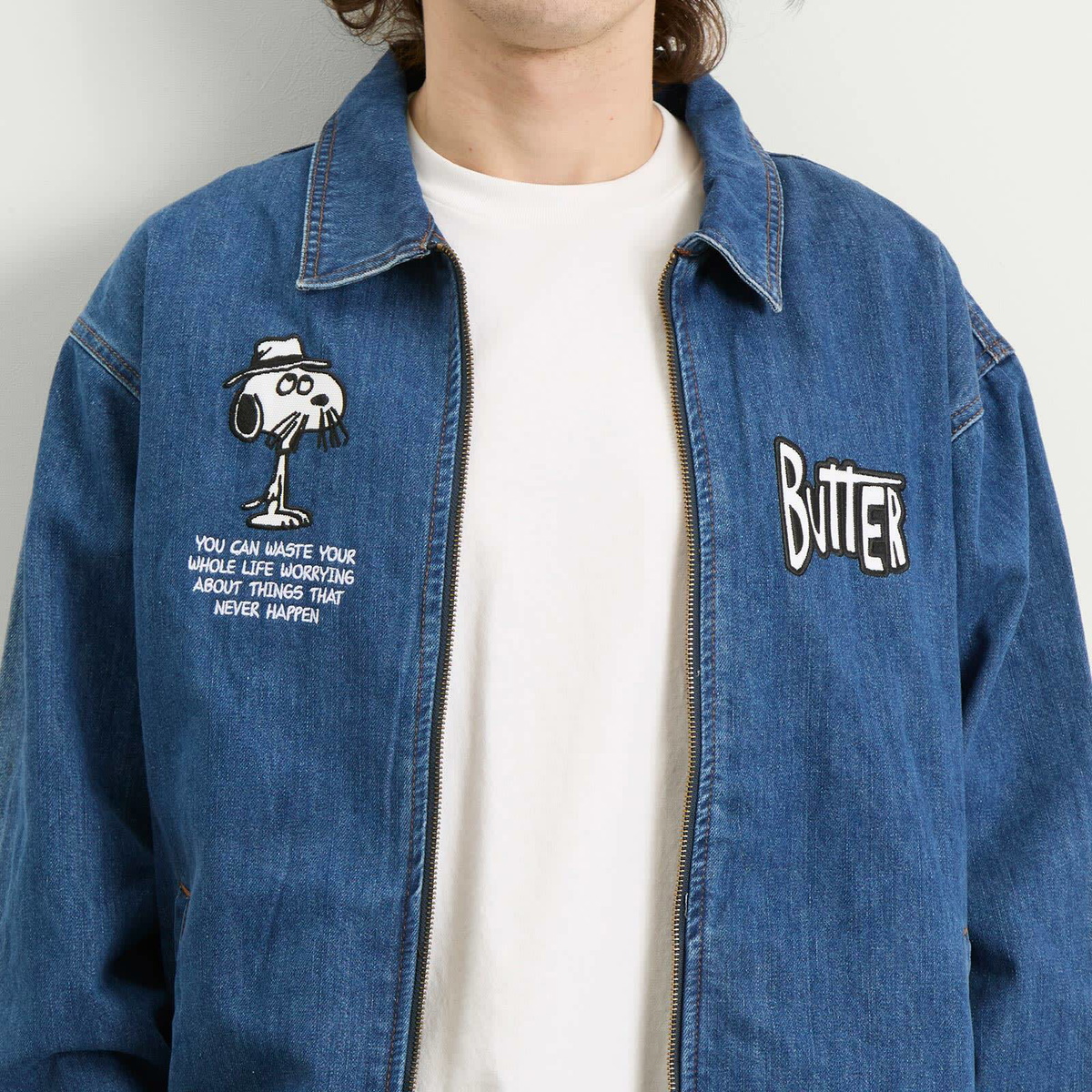 Butter Goods Men's x Peanuts Spike Denim Jacket in Distressed Indigo