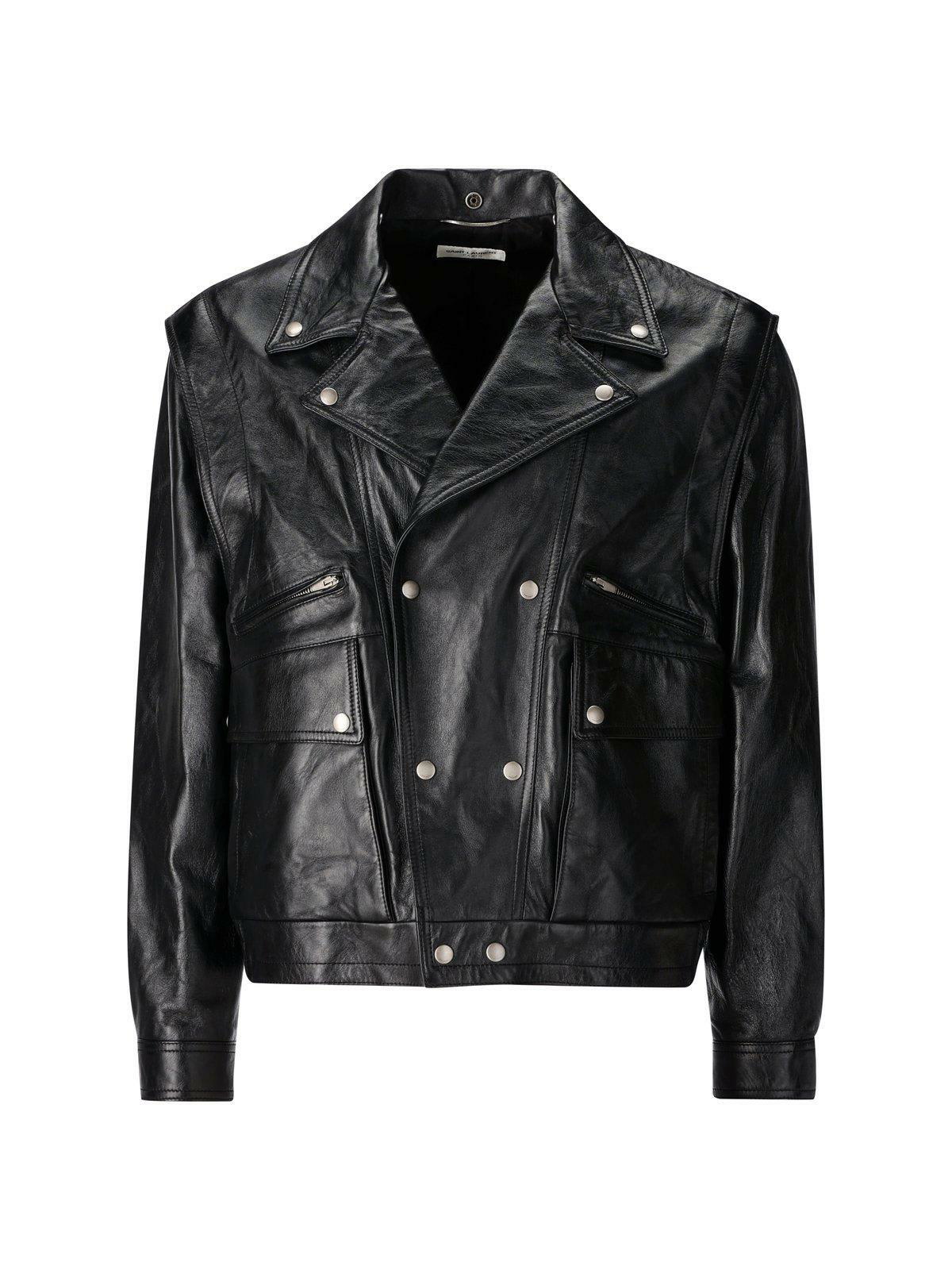 ジャケット・アウター SAINT LAURENT coated jacket black 44 Saint Laurent Leather Jacket Paris Studded Black Biker Hedi