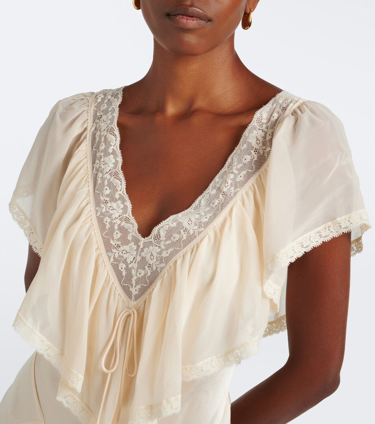 Dôen Léoris lace-trimmed ruffled silk midi dress