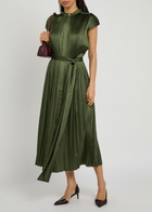 Joseph Phare Plissé Belted Satin Midi Dress Dark Green