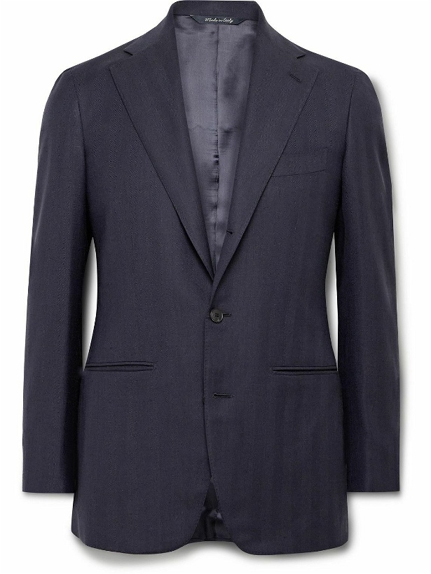 Photo: Saman Amel - Slim-Fit Herringbone Wool, Silk and Linen-Blend Twill Suit Jacket - Blue