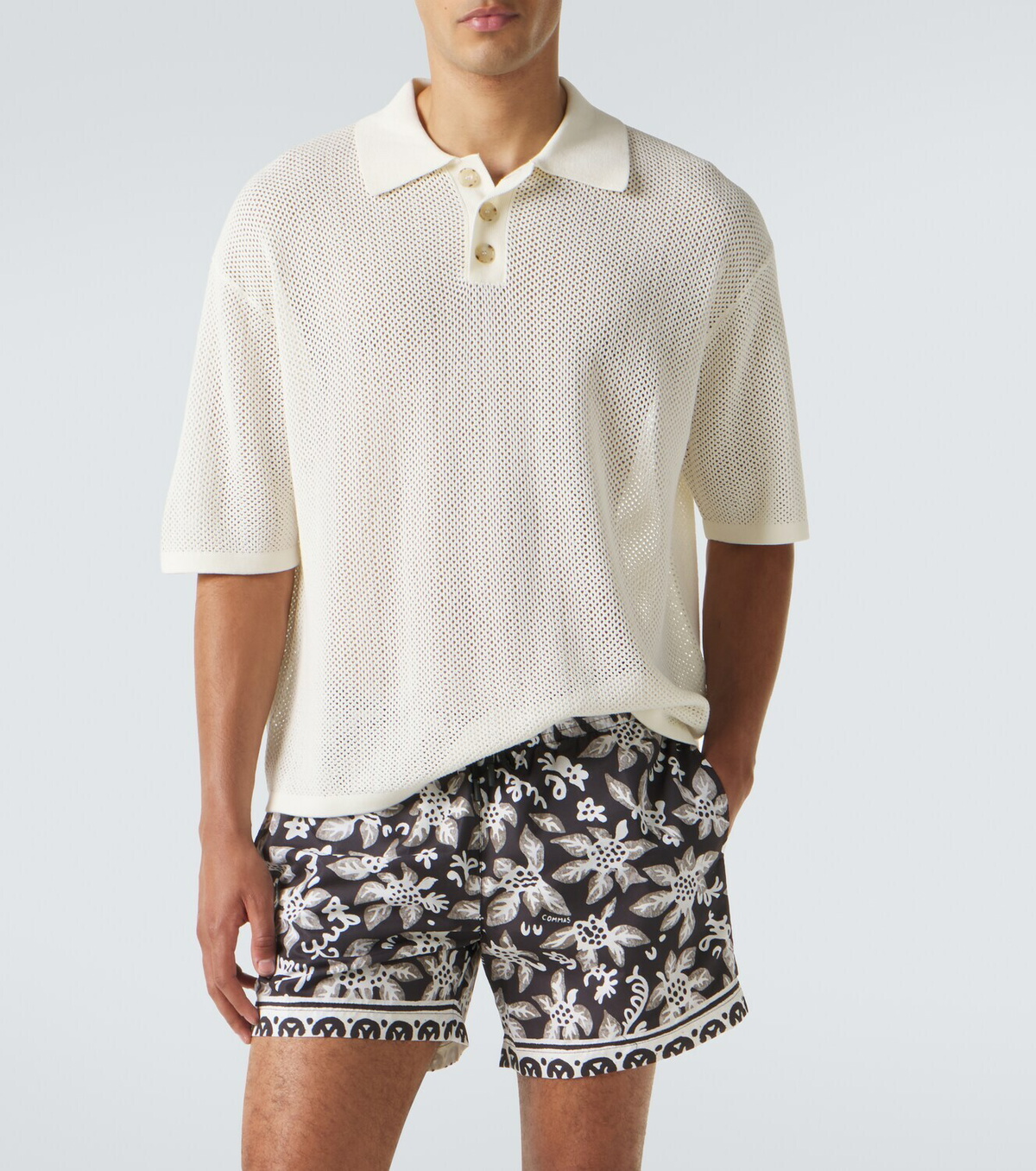 Commas Open-knit cotton-blend polo sweater