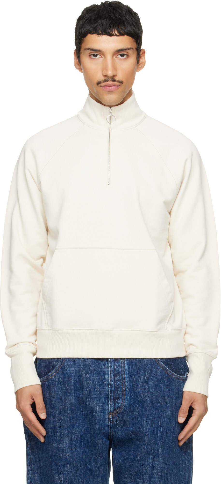 Drake's White Cotton Quarter Zip Sweatshirt