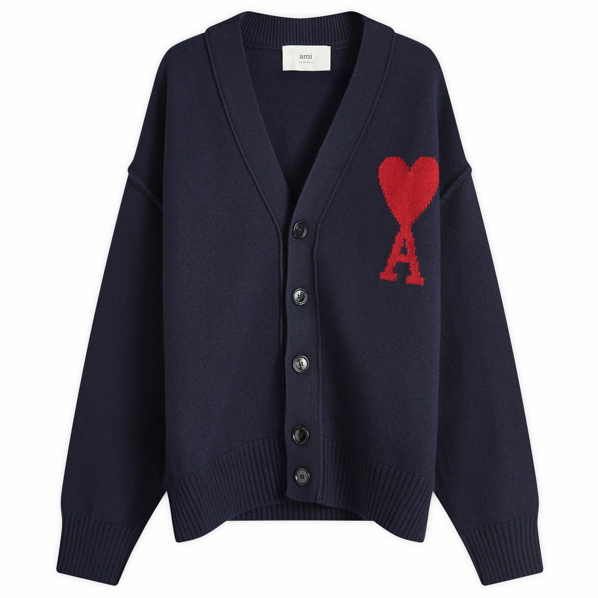 AMI Paris Men's A Heart Cardigan in Navy/Red AMI