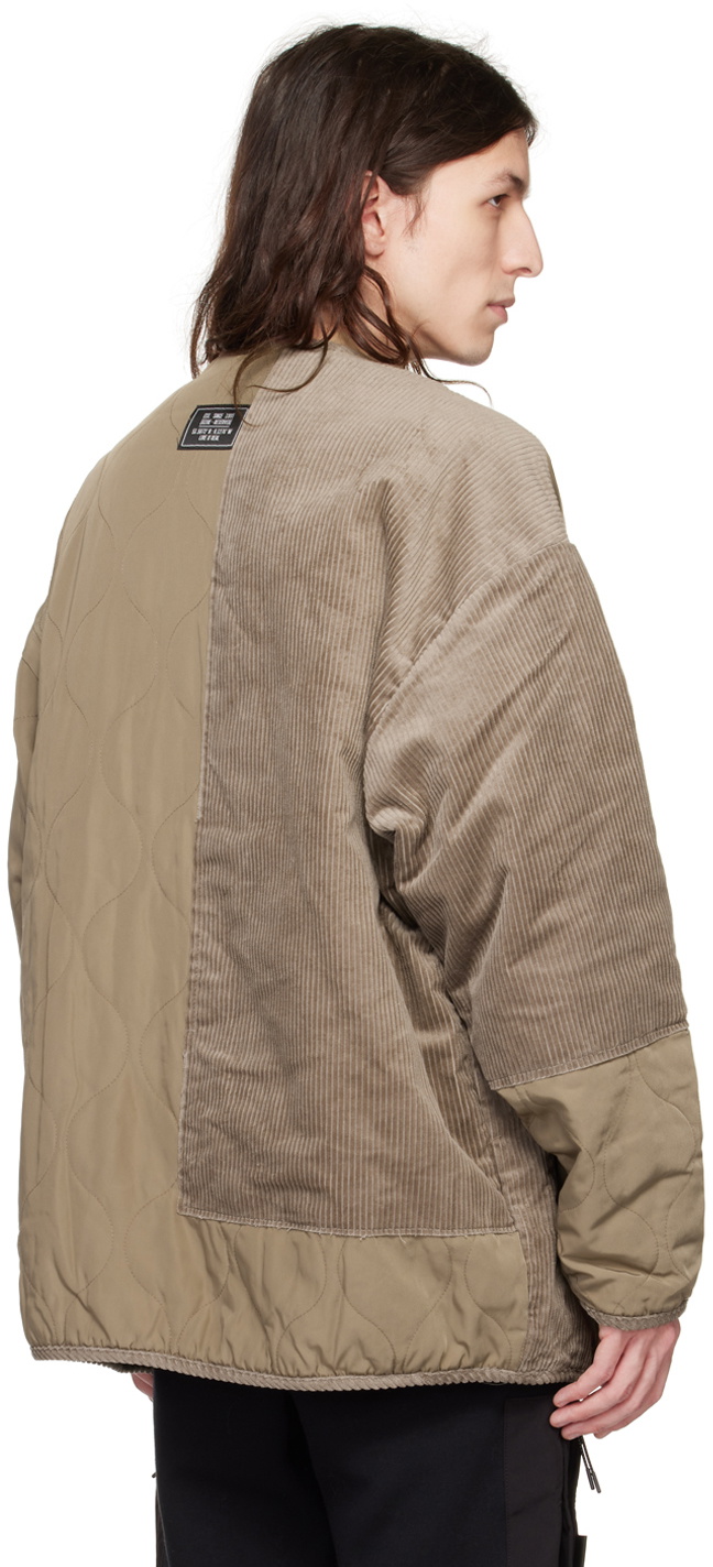 Taupe Hooded Quilted Jacket with Flared Sleeves