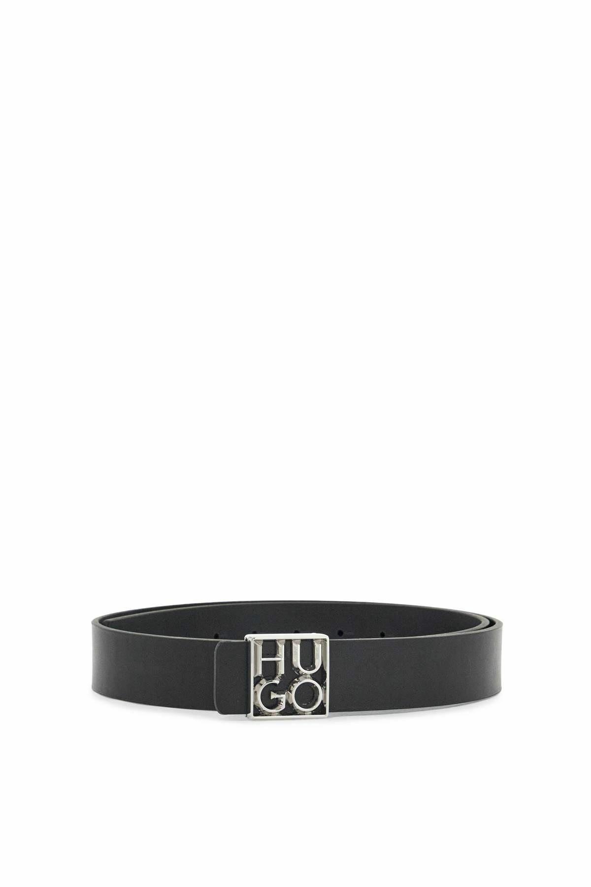 HUGO men's black leather belt with square buckle and embossed logo ...