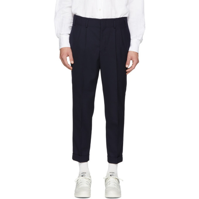 Photo: AMI Alexandre Mattiussi Navy Wool Pleated Carrot Fit Trousers
