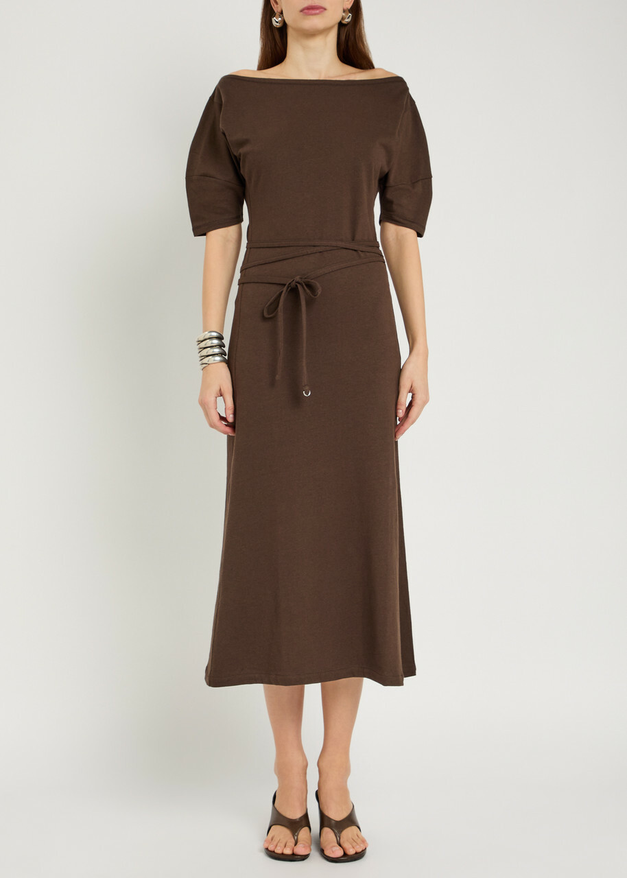 Lemaire Belted Off-the-shoulder Cotton-blend Midi Dress Dark Brown