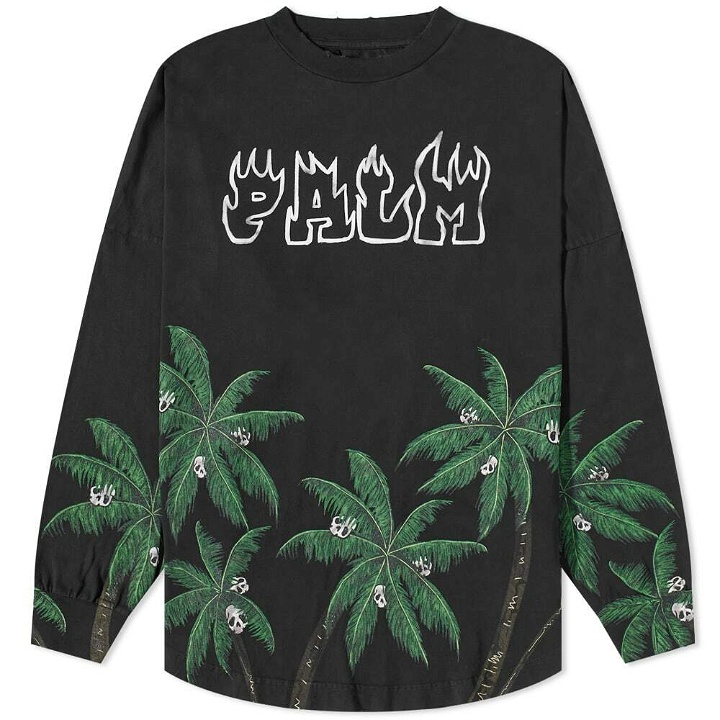 Photo: Palm Angels Men's Long Sleeve Palms and Skulls T-Shirt in Black/Green