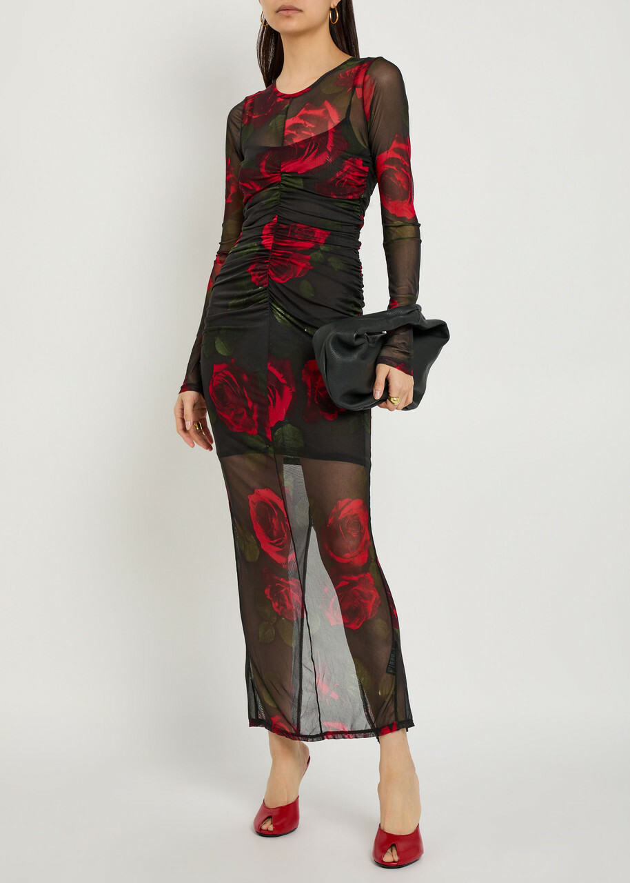 Good American Floral-print Ruched Mesh Maxi Dress Dark Red