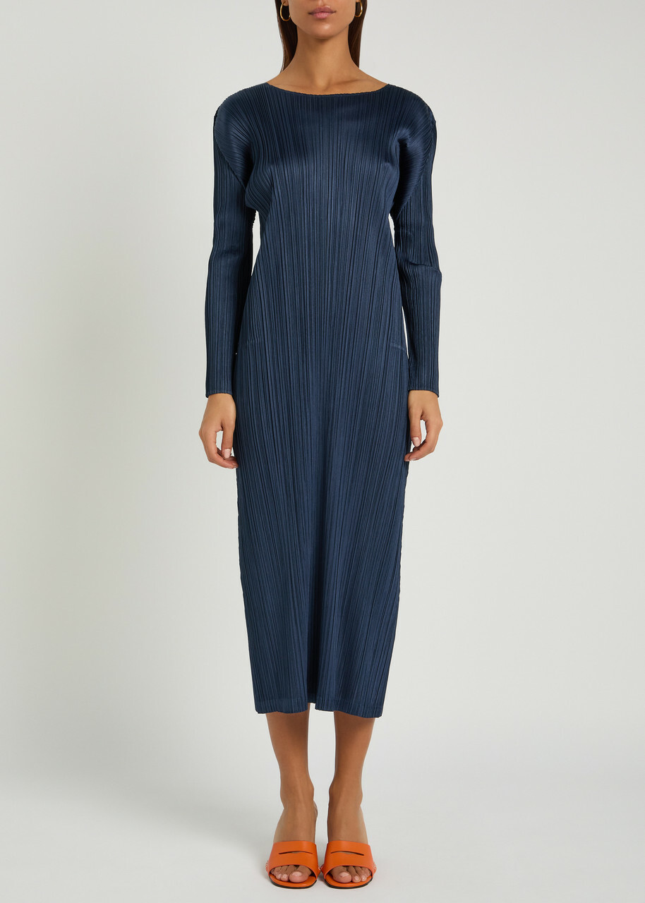 Pleats Please Issey Miyake Pleated Woven Midi Dress Navy