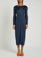 Pleats Please Issey Miyake Pleated Woven Midi Dress Navy