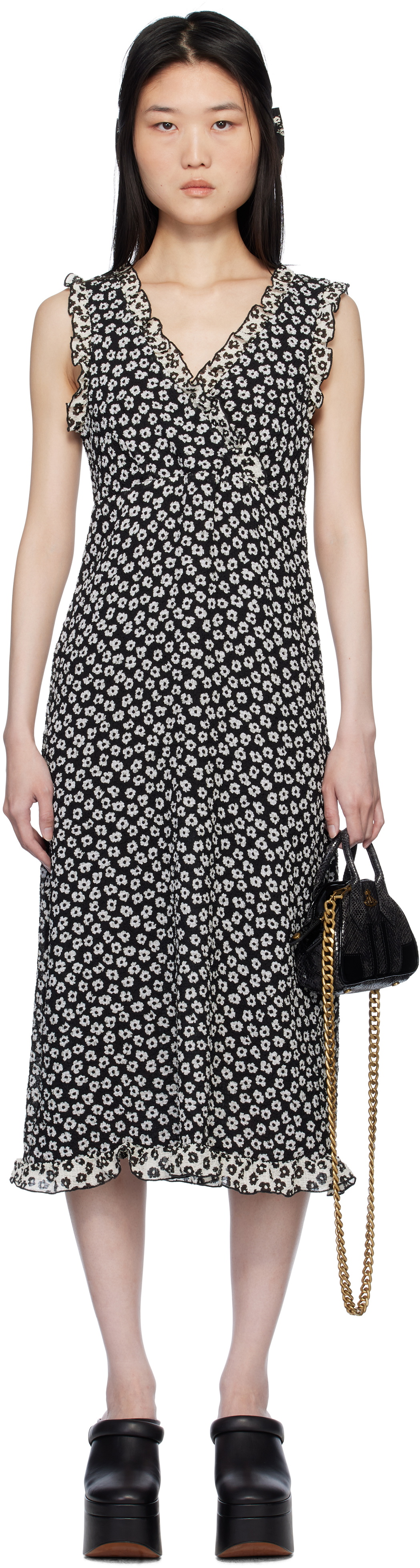Anna Sui Black Daisy Pucker Midi Dress