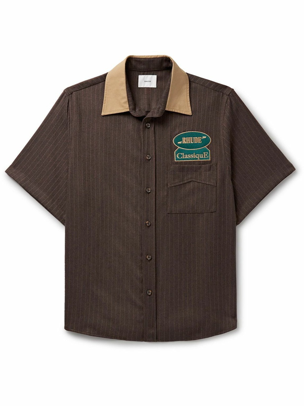 Photo: Rhude - Appliquéd Cotton Poplin-Trimmed Striped Brushed-Flannel Shirt - Brown