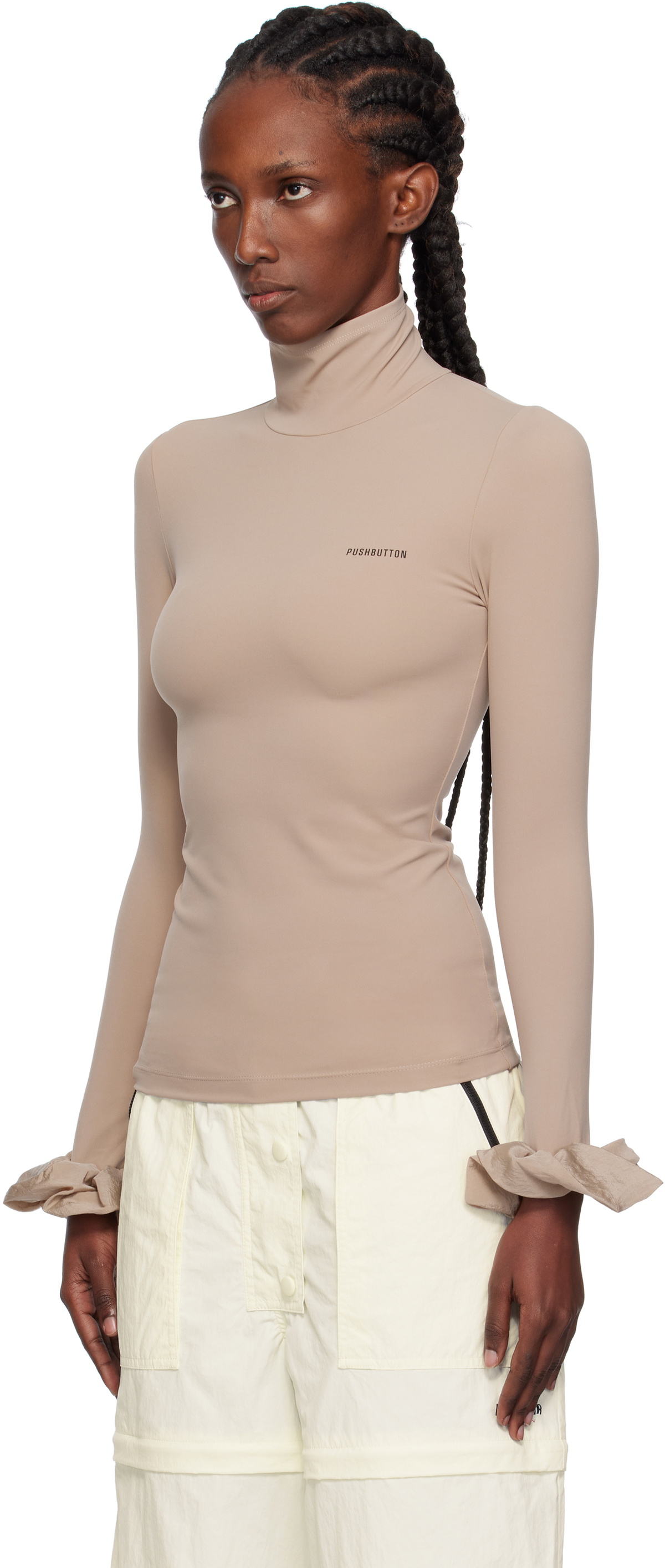 Pushbutton Beige Scrunchie Sleeve Jersey Turtleneck