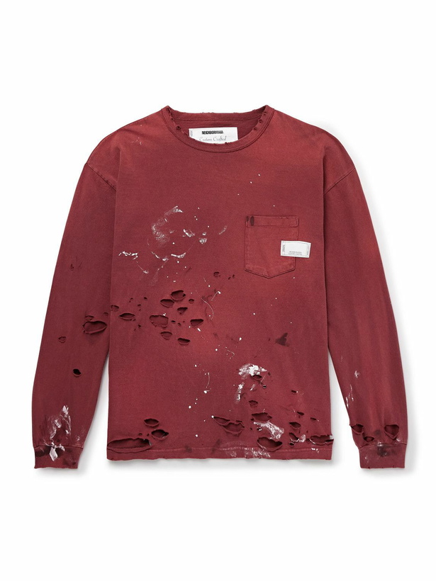Photo: Neighborhood - Savage Distressed Paint-Splattered Cotton-Jersey T-Shirt - Burgundy