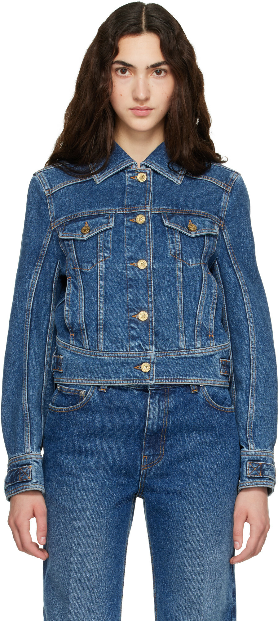 BALMAIN Blue Cropped Denim Jacket