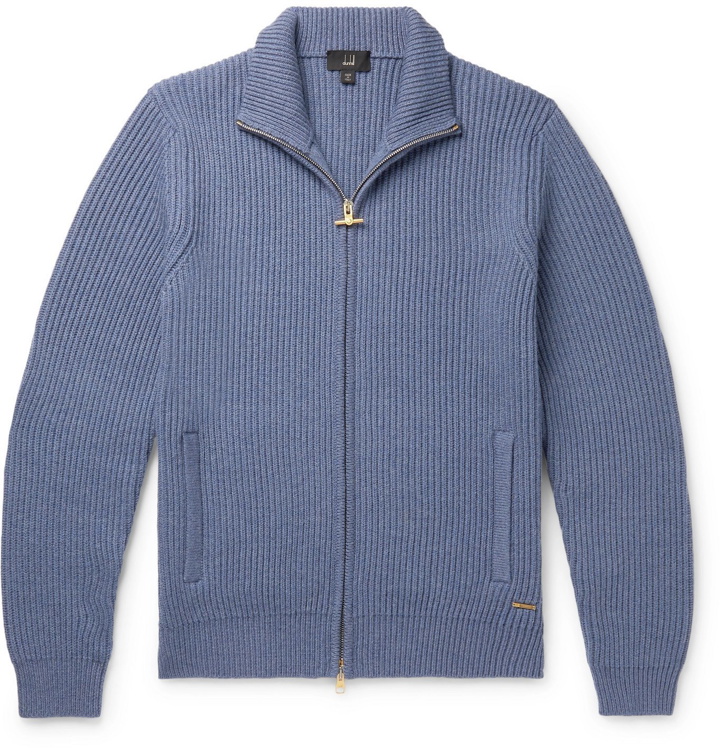 Photo: DUNHILL - Leather-Trimmed Ribbed Wool Zip-Up Cardigan - Blue