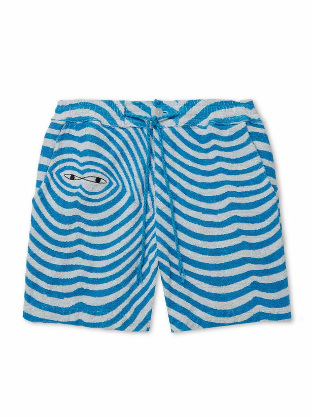 Photo: The Elder Statesman - Straight-Leg Embroidered Striped Organic Cotton-Terry Drawstring Shorts - Blue