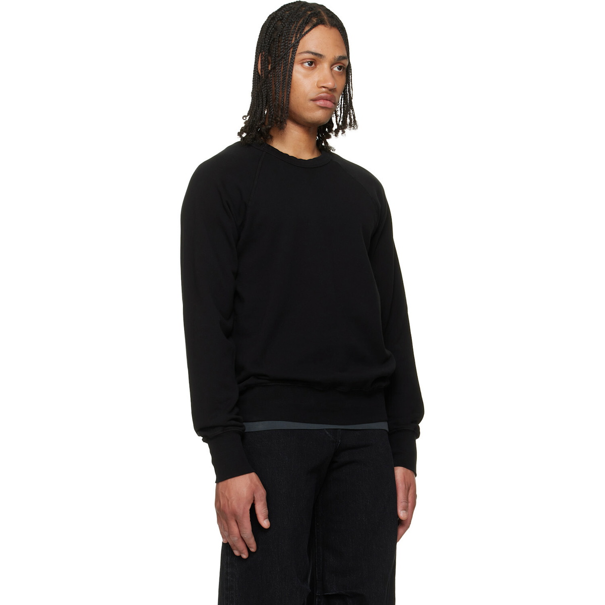 Les Tien Black French Terry Binded Neck Raglan Sweatshirt