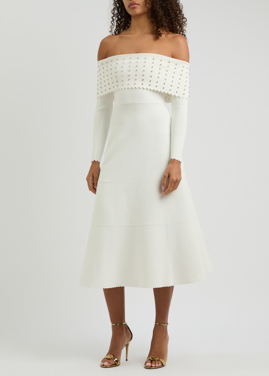 Needle & Thread Crystal-embellished Off-the-shoulder Knitted Midi Dress Cream Needle & Thread Needle & Thread Crystal-embellished Off-the-shoulder Knitted Midi Dress Cream Needle & Thread
