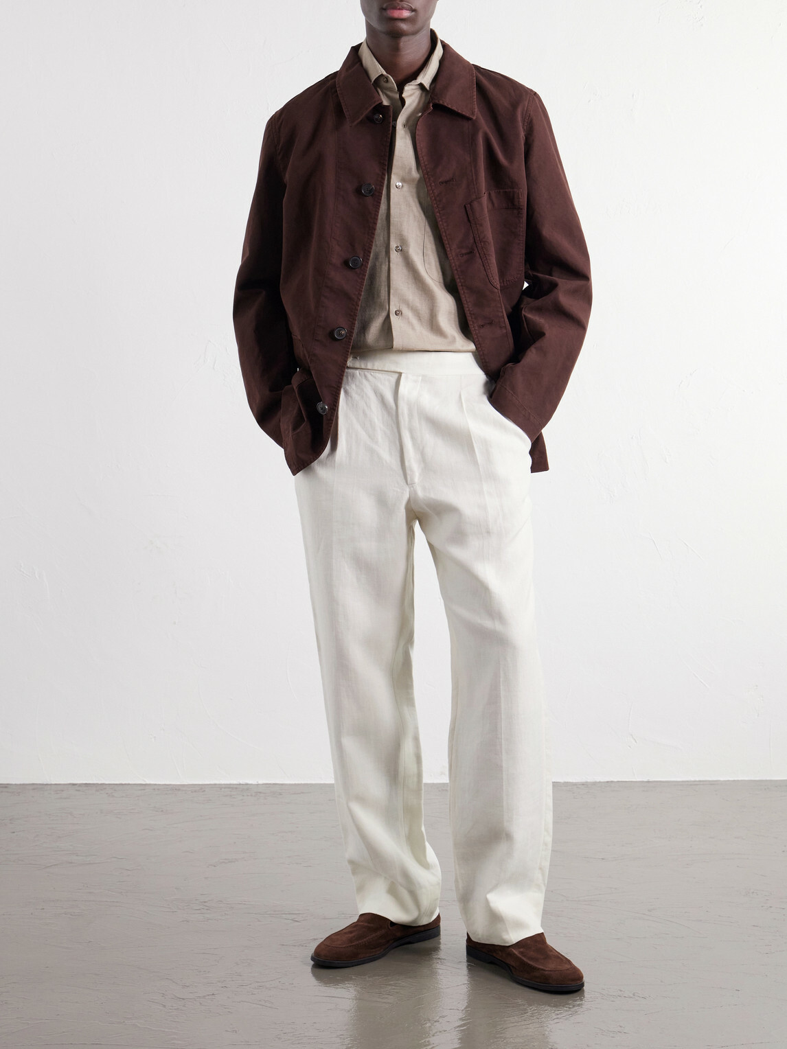 Stòffa - Spread-Collar Brushed Cotton Woven Shirt - Brown