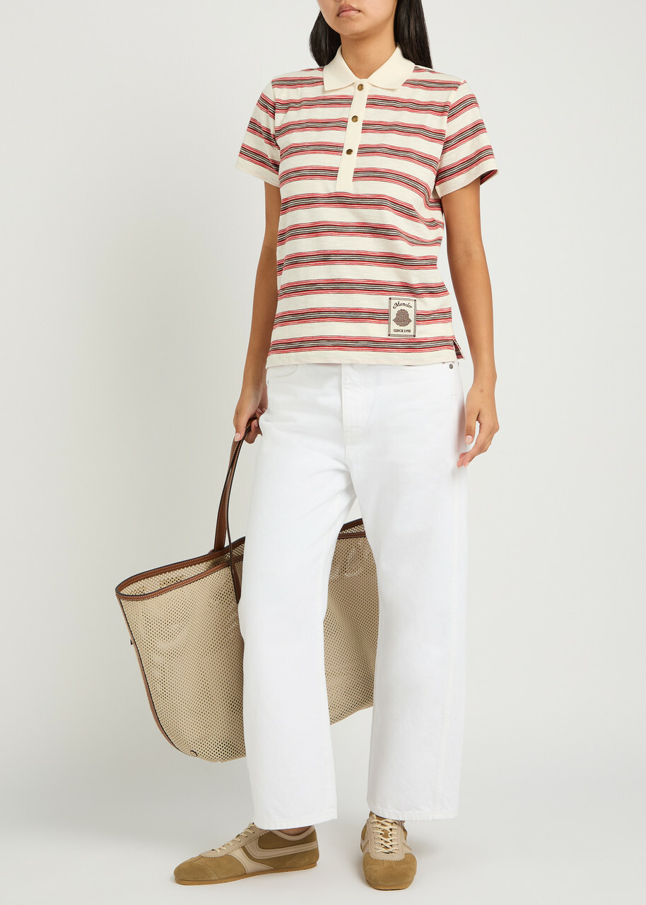 Moncler Striped Cotton Polo Shirt Natural Beige Other