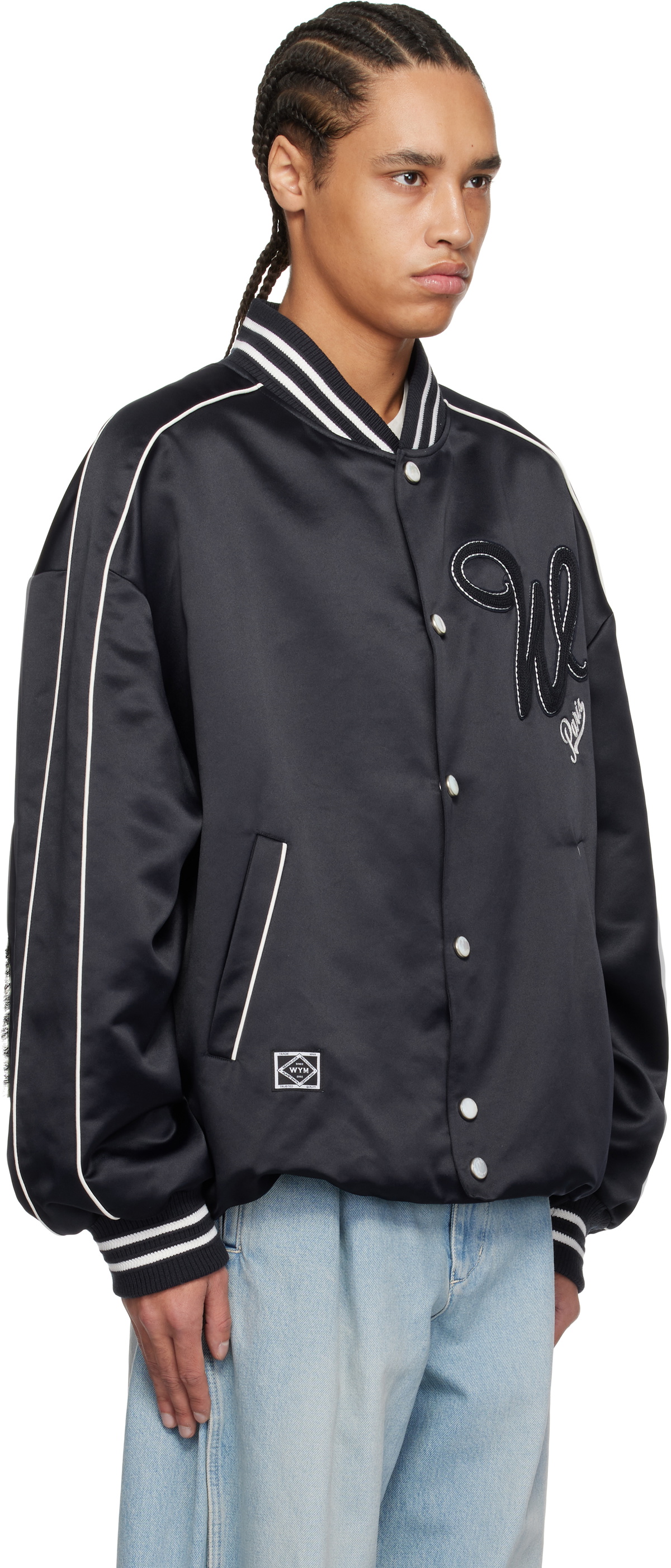 WOOYOUNGMI Navy Embroidered Patch Varsity Bomber Jacket