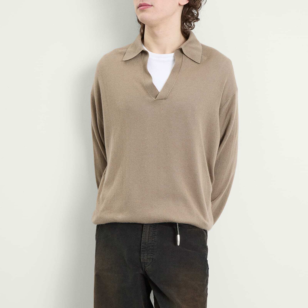 Auralee Men's Cashmere Silk Knit Skipper Polo in Khaki Brown