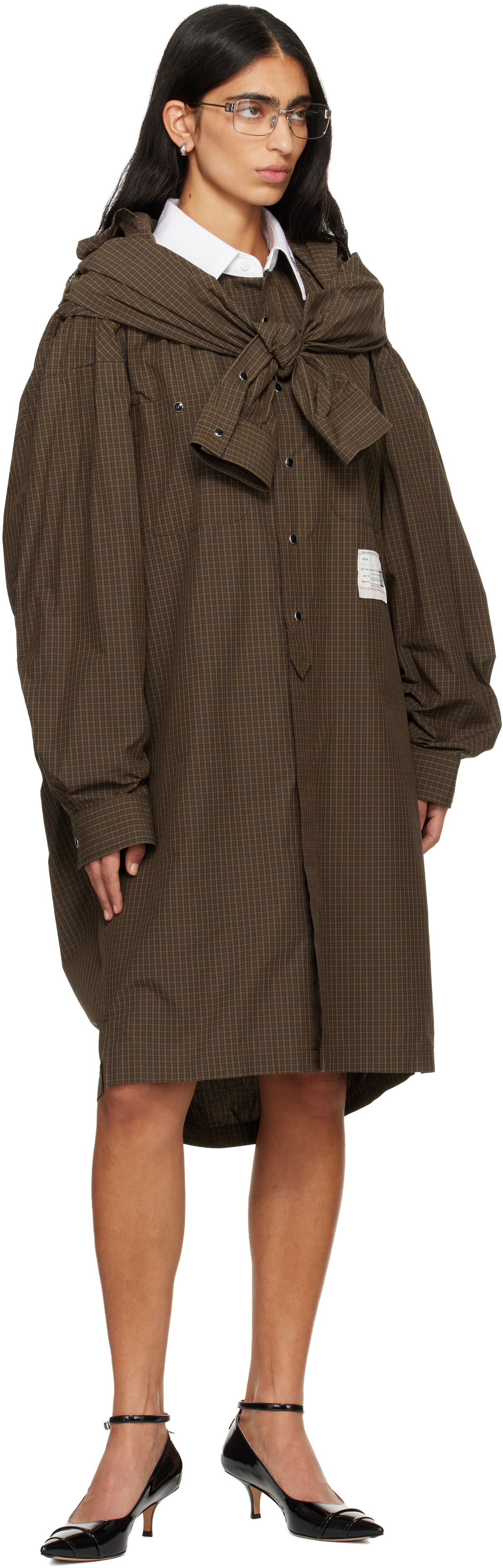 Maison MIHARA YASUHIRO Brown Sleeve Layered Check Shirt Midi Dress